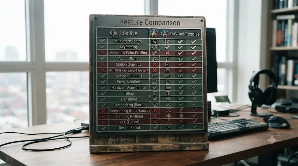 Illustration of a full side-by-side comparison table between Kdenlive and DaVinci Resolve across every major video editing feature