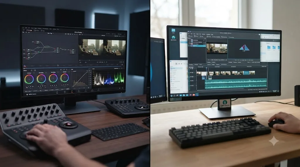 Illustration of a DaVinci Resolve color grading workspace next to a Kdenlive open source editing timeline