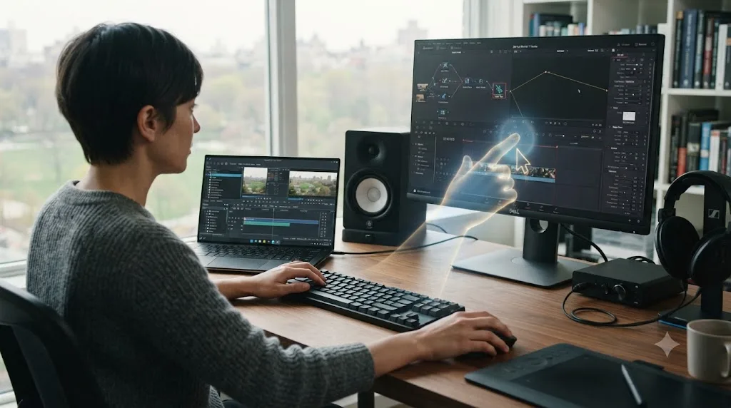 Illustration of a person switching from Kdenlive to DaVinci Resolve with an assistant pointing at a control on screen