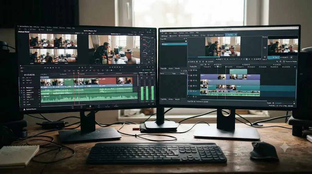 Illustration comparing DaVinci Resolve's multicam sync and live cutting to Kdenlive's multicam track switching tool