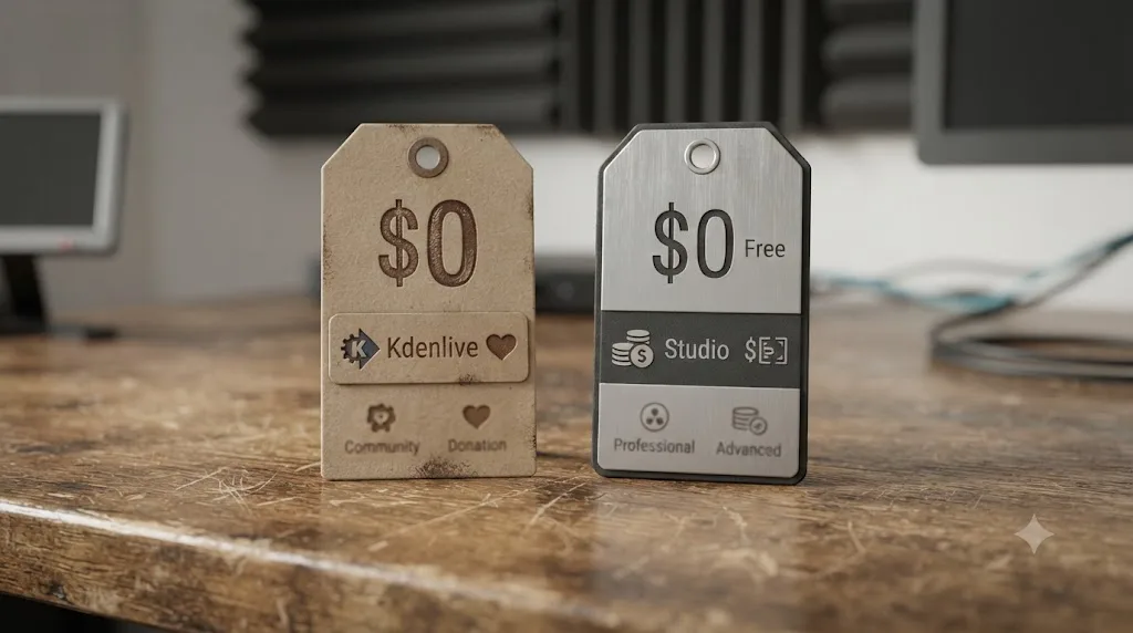 Illustration comparing Kdenlive's donation-funded free model to DaVinci Resolve's free-plus-one-time-purchase model