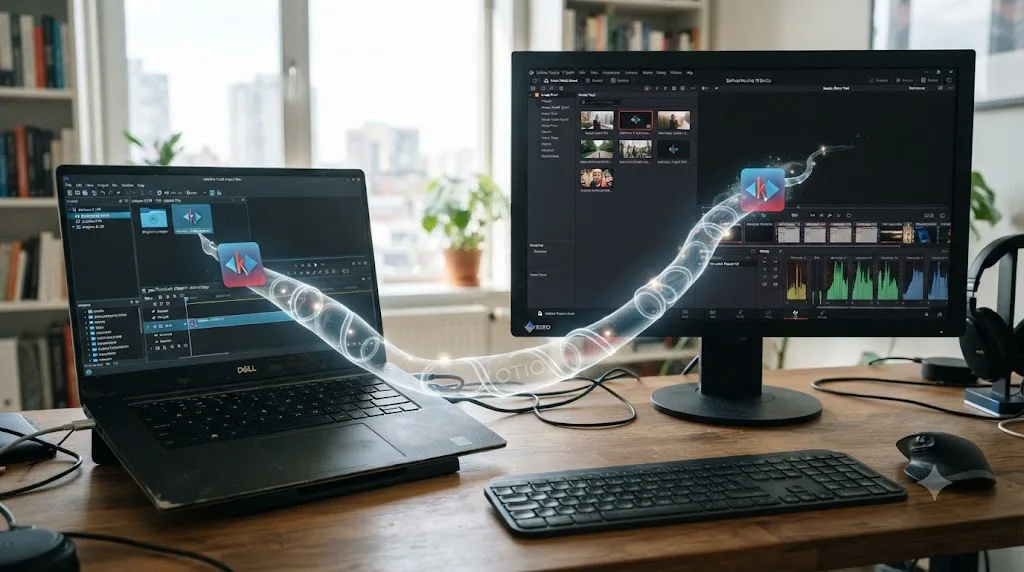 Illustration of a Kdenlive project moving through an OpenTimelineIO adapter bridge into DaVinci Resolve's Media Pool