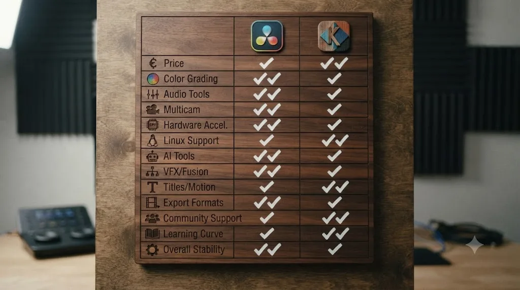 Illustration of a scoreboard comparing DaVinci Resolve and Kdenlive across thirteen categories