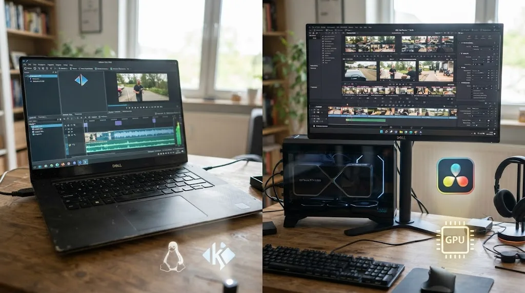 Illustration comparing Kdenlive running on modest hardware to DaVinci Resolve's higher-spec system requirements