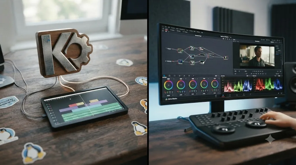 Illustration contrasting Kdenlive's open source community origin with DaVinci Resolve's color grading software origin