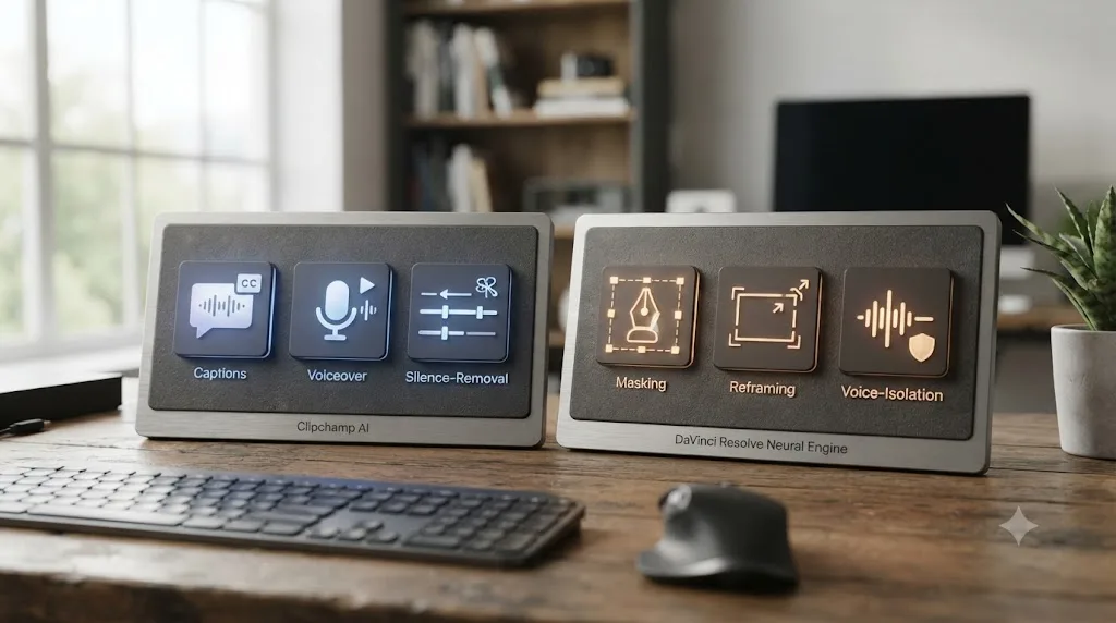 Illustration comparing Clipchamp's AI editing features to DaVinci Resolve's Neural Engine AI tools