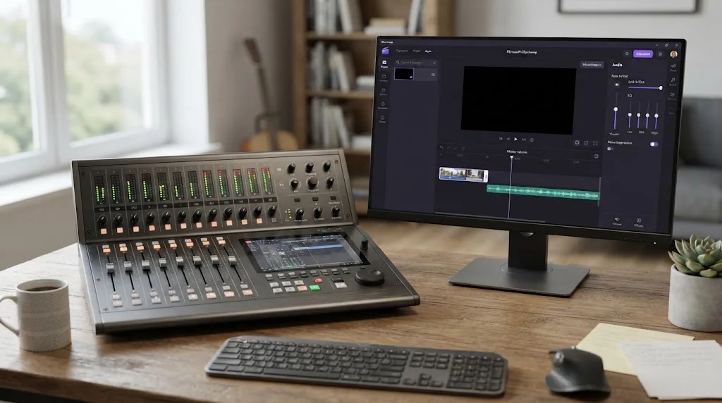 Illustration comparing DaVinci Resolve's Fairlight audio mixing console to Clipchamp's simpler audio panel