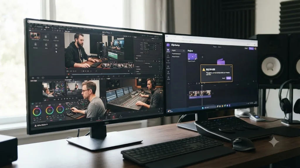 Illustration of multiple people collaborating simultaneously inside one DaVinci Resolve project compared to a single locked Clipchamp browser file