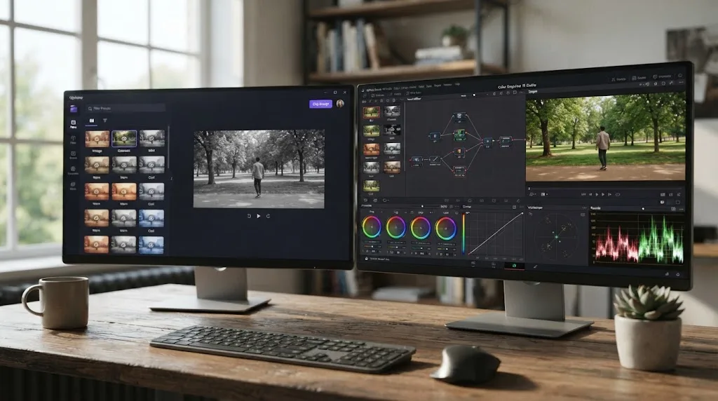 Illustration comparing Clipchamp's filter preset panel to DaVinci Resolve's node-based color page with scopes