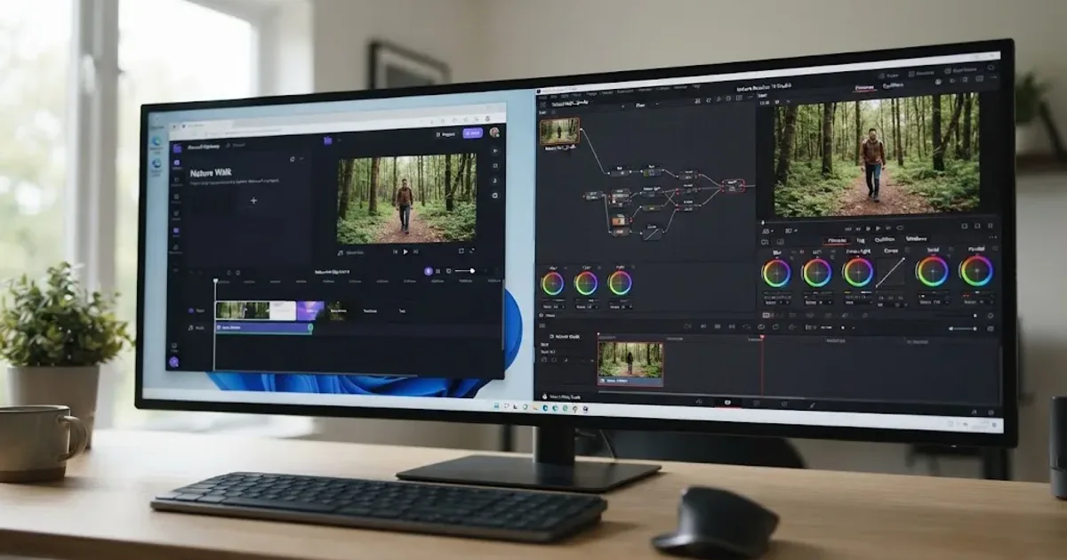 Illustration of a Windows desktop split between a simple Clipchamp browser timeline and a DaVinci Resolve node-based editing workspace