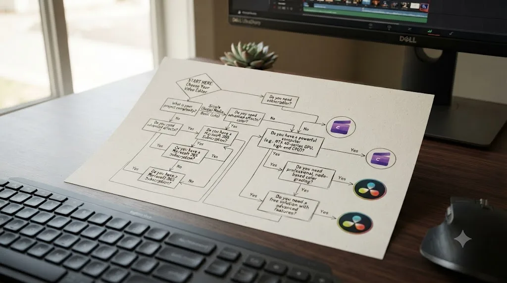 Illustration of a decision flowchart branching toward Clipchamp or DaVinci Resolve based on specific project needs and hardware