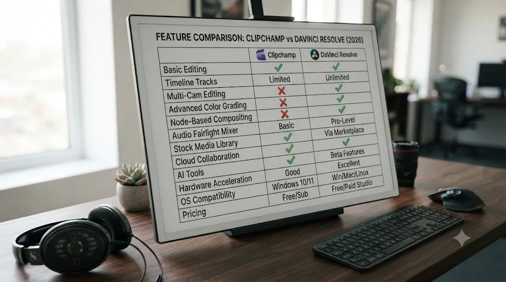 Illustration of a full side-by-side comparison table between Clipchamp and DaVinci Resolve across every major feature