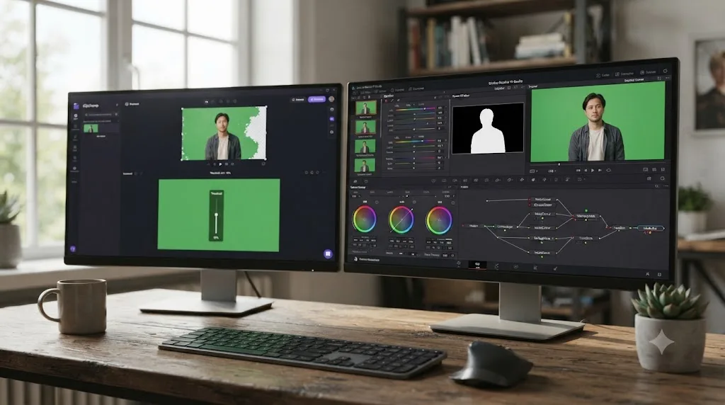 Illustration comparing Clipchamp's simple green screen slider to DaVinci Resolve's qualifier-based chroma key and Fusion compositing tools