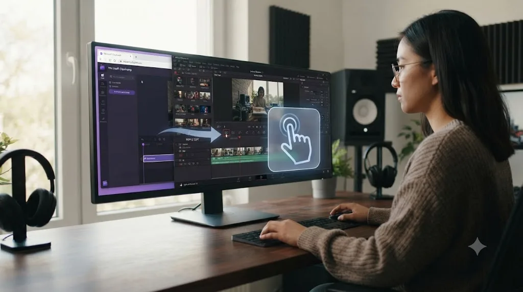 Illustration of a person switching from Clipchamp to DaVinci Resolve with an assistant pointing at a control on screen