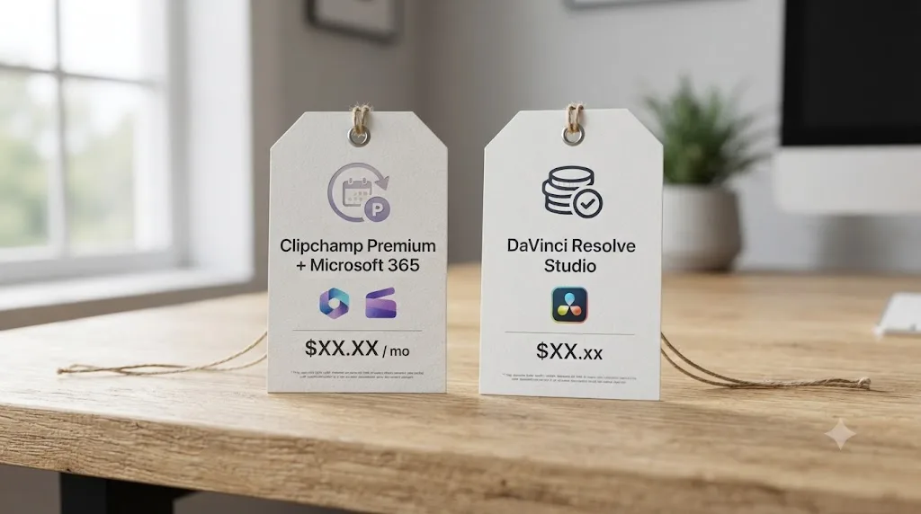 Illustration of two price tags comparing a Microsoft 365 subscription bundle against a one-time DaVinci Resolve Studio purchase