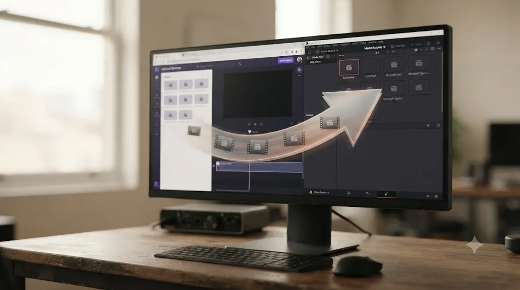 Illustration of raw video files being manually moved from a Clipchamp browser project into a DaVinci Resolve media pool