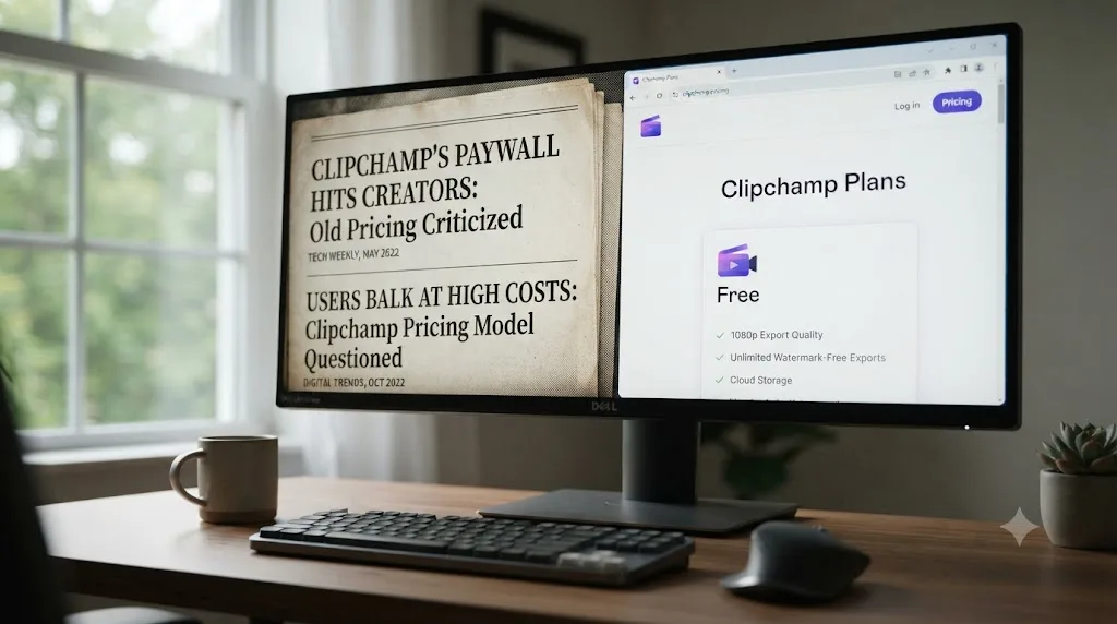 Illustration contrasting 2022 news headlines critical of Clipchamp's pricing with the current 2026 Clipchamp free tier