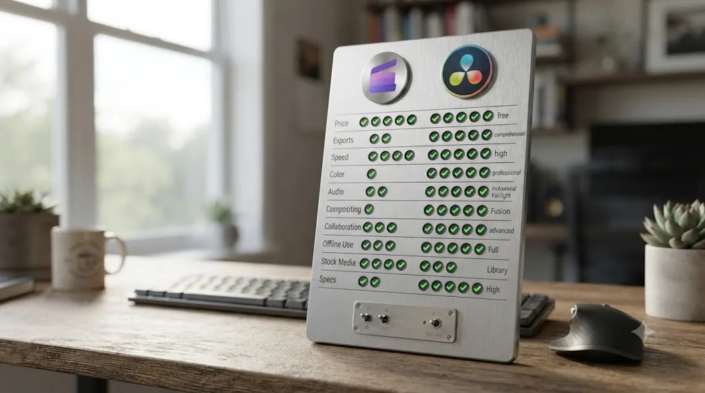 Illustration of a scoreboard comparing Clipchamp and DaVinci Resolve across ten categories