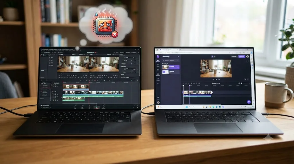 Illustration of a laptop struggling to run DaVinci Resolve on integrated graphics next to the same laptop running Clipchamp smoothly in a browser