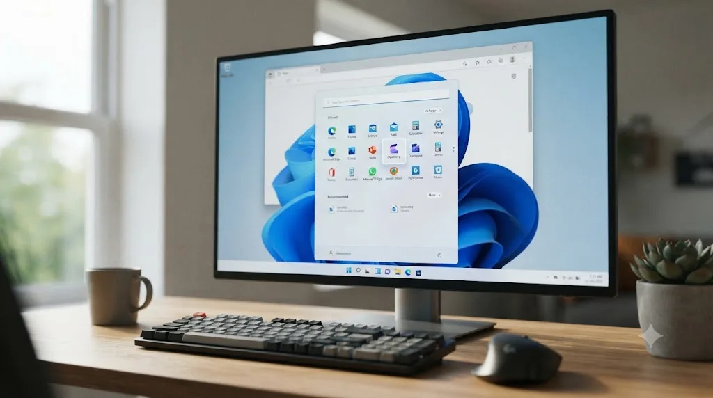 Illustration of a Windows 11 Start menu with the Clipchamp app icon highlighted next to a browser window opening