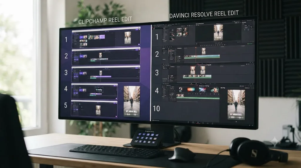 Illustration of a step-by-step storyboard comparing editing the same vertical Reel in Clipchamp versus DaVinci Resolve