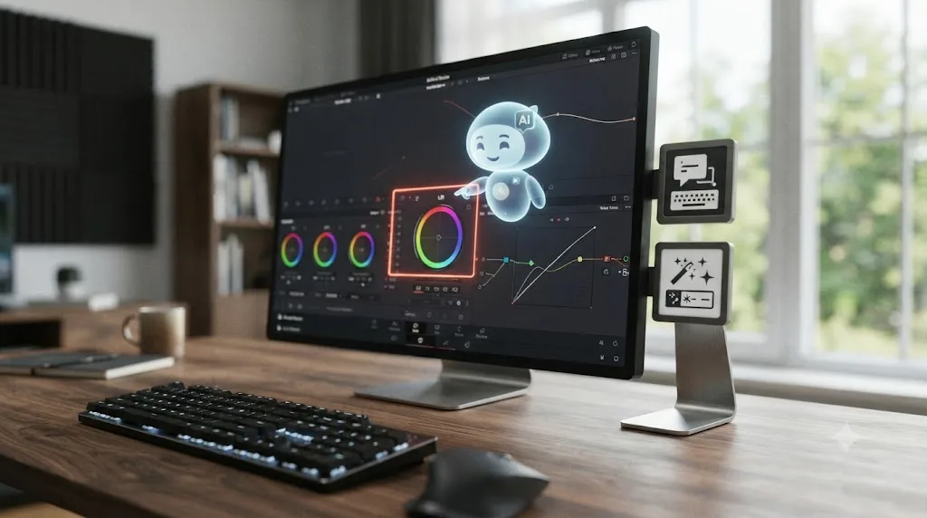 Illustration of an on-screen assistant pointing at a control in DaVinci Resolve next to icons representing chat based and auto-cut AI tools