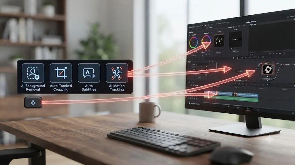 Illustration showing which Movavi Video Editor AI features carry over to DaVinci Resolve and which have no equivalent