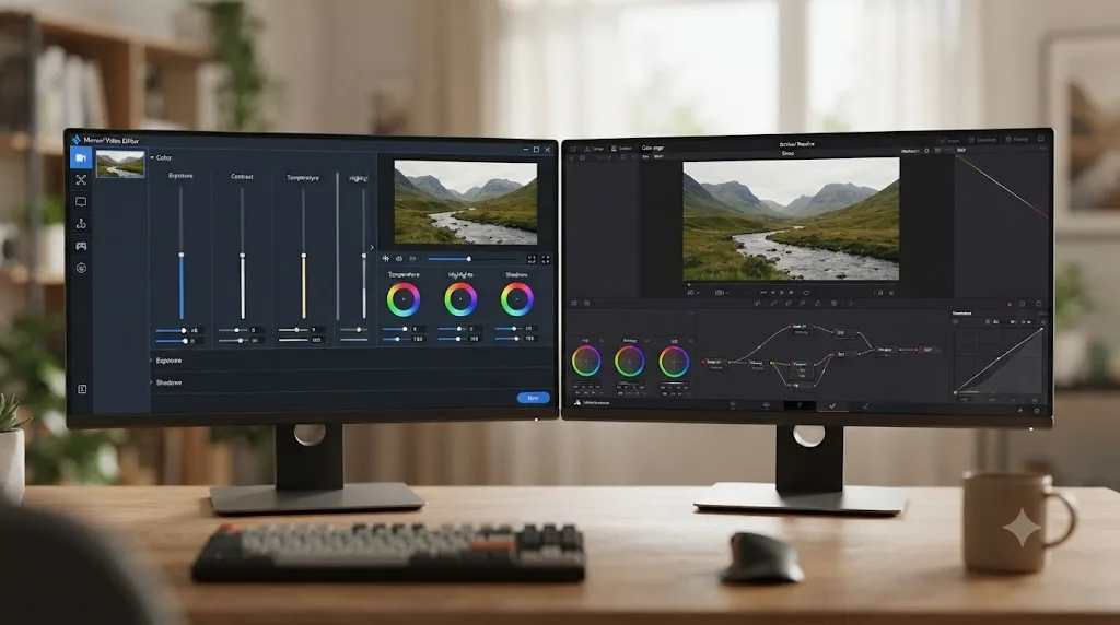 Illustration comparing Movavi's slider based color tools to DaVinci Resolve's node based Color page
