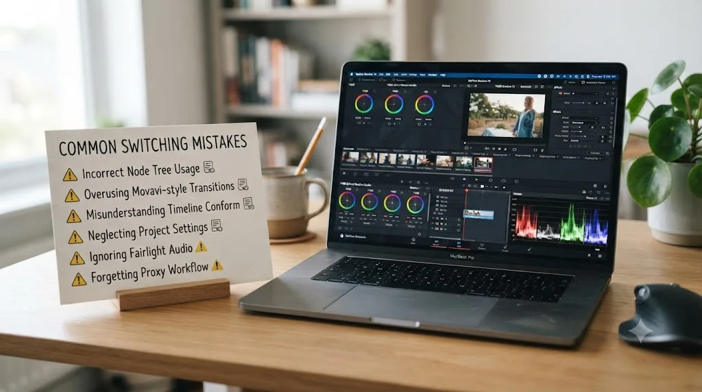 Illustration of a checklist card listing common mistakes Movavi editors make when switching to DaVinci Resolve