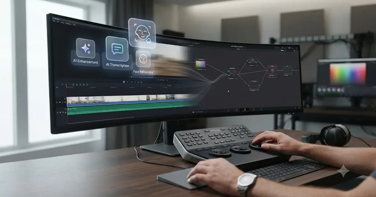 Illustration of a Movavi style single window timeline transforming into a DaVinci Resolve node based color grading workspace