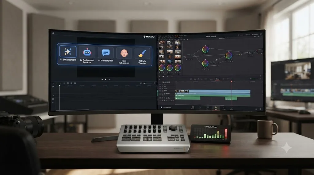 Illustration comparing the interface complexity of Movavi's single toolbar to DaVinci Resolve's seven page layout