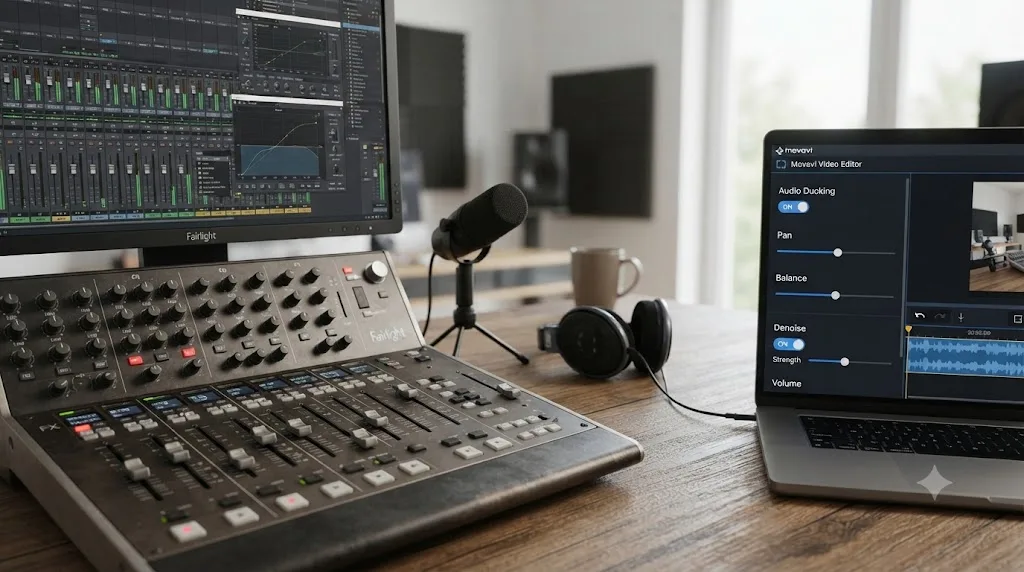 Illustration comparing DaVinci Resolve's Fairlight audio console to Movavi's ducking and denoise audio tools