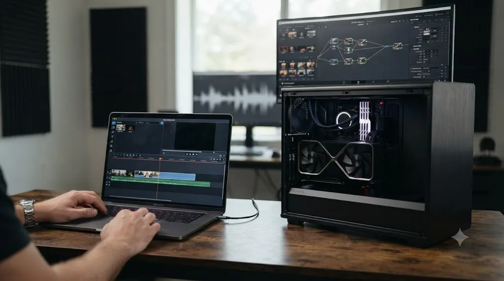 Illustration comparing the modest hardware needed to run Movavi Video Editor against the GPU and RAM DaVinci Resolve 21 requires