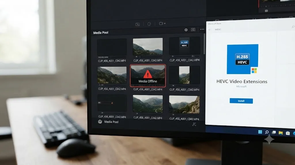 Illustration of a DaVinci Resolve Media Pool clip flagged Media Offline next to the Microsoft Store HEVC extension that fixes it