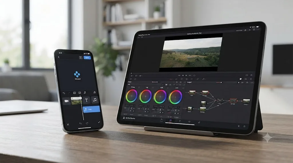 Illustration comparing the simplified Movavi Clips phone app to DaVinci Resolve for iPad's Cut and Color pages