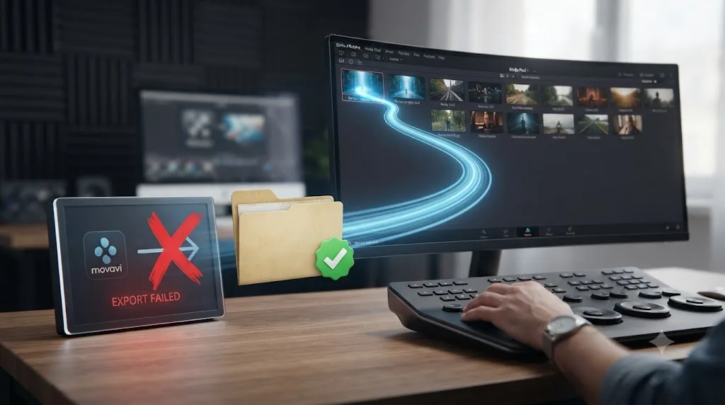 Illustration showing a blocked Movavi project export next to raw footage files flowing successfully into DaVinci Resolve