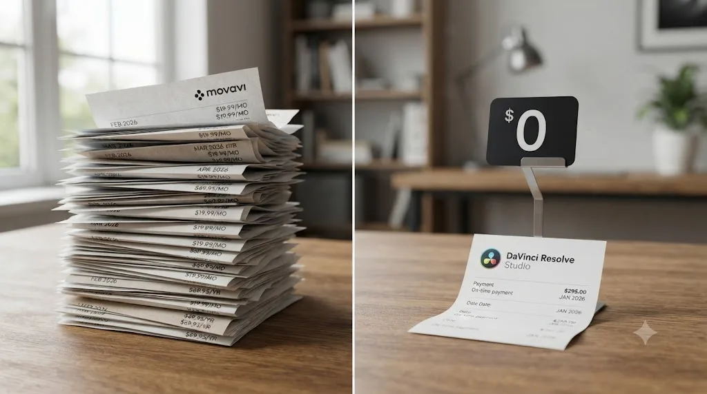 Illustration comparing recurring Movavi subscription costs to DaVinci Resolve's free edition and one-time Studio payment
