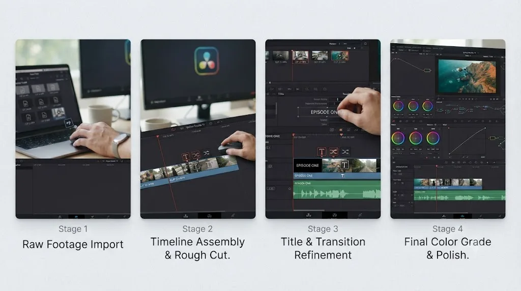 Illustration of a step by step storyboard showing a Movavi project being rebuilt piece by piece in DaVinci Resolve