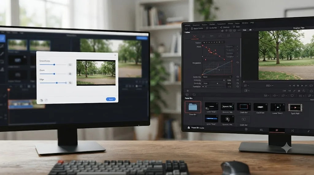 Illustration comparing Movavi's single stabilize dialog to DaVinci Resolve's Tracker based stabilizer and persistent Power Bins