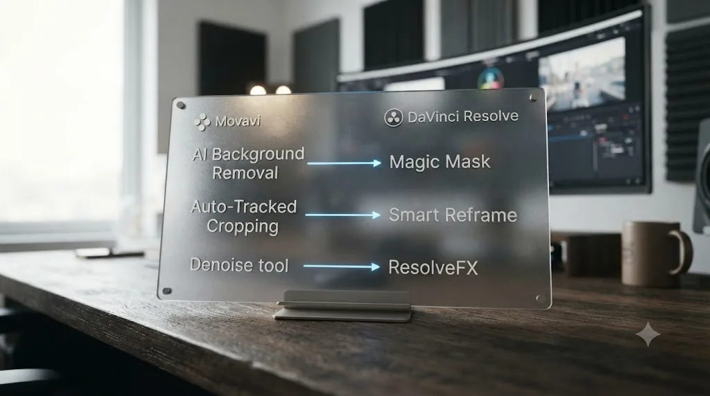 Illustration of a two column glossary mapping Movavi Video Editor terms to their DaVinci Resolve equivalents