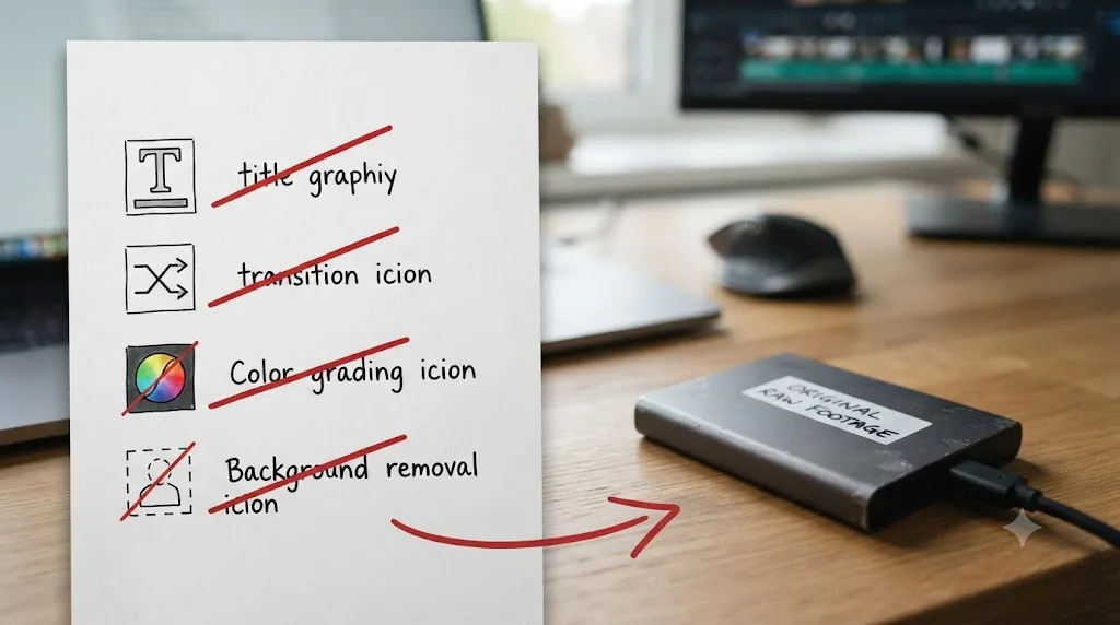 Illustration of a checklist showing what gets lost switching from Movavi Video Editor to DaVinci Resolve next to unaffected original footage