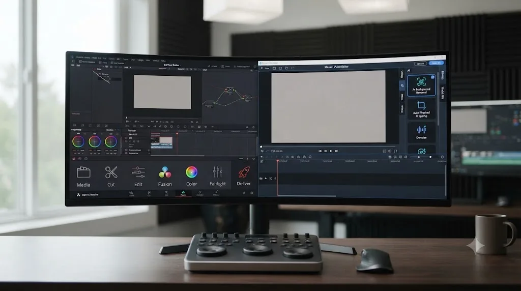 Illustration of DaVinci Resolve's seven page tabs next to a single unified Movavi Video Editor window