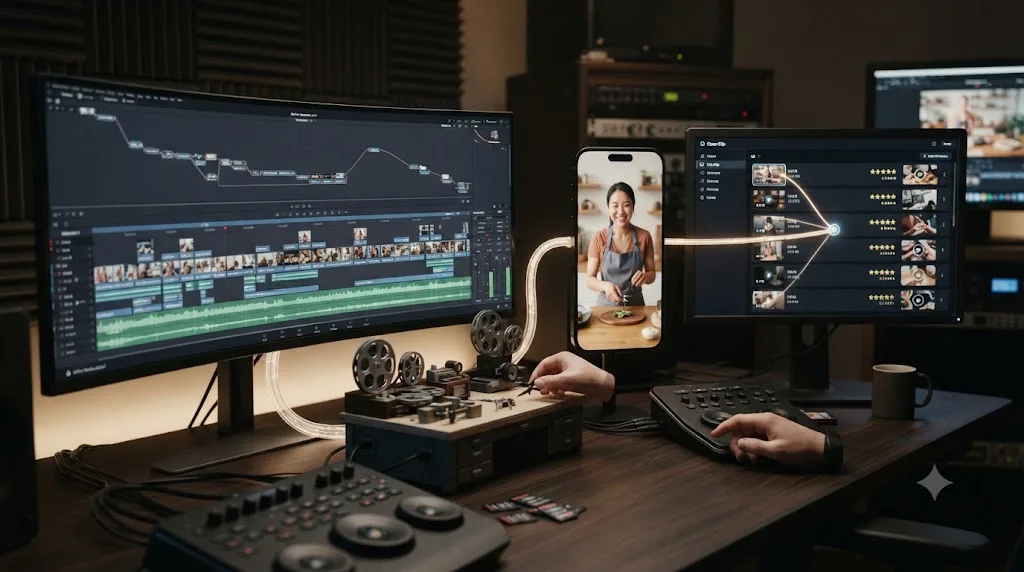 Illustration of a long DaVinci Resolve timeline on one side and an AI clip-ranking dashboard on the other, both feeding into the same vertical short video