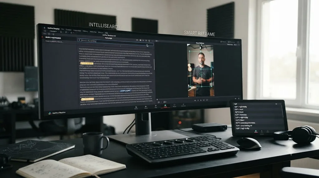 Illustration of DaVinci Resolve's IntelliSearch and Smart Reframe tools shown as distinct from an automated clip-ranking feature