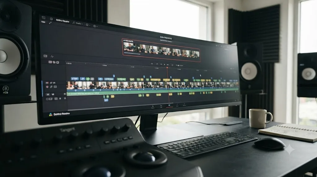 Illustration of a DaVinci Resolve timeline with manually placed keyworded markers along a long recording