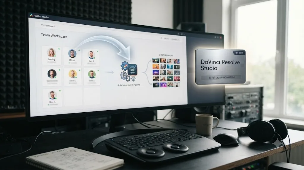 Illustration of a team workspace dashboard with an automated clip pipeline next to a single per-seat DaVinci Resolve Studio license icon