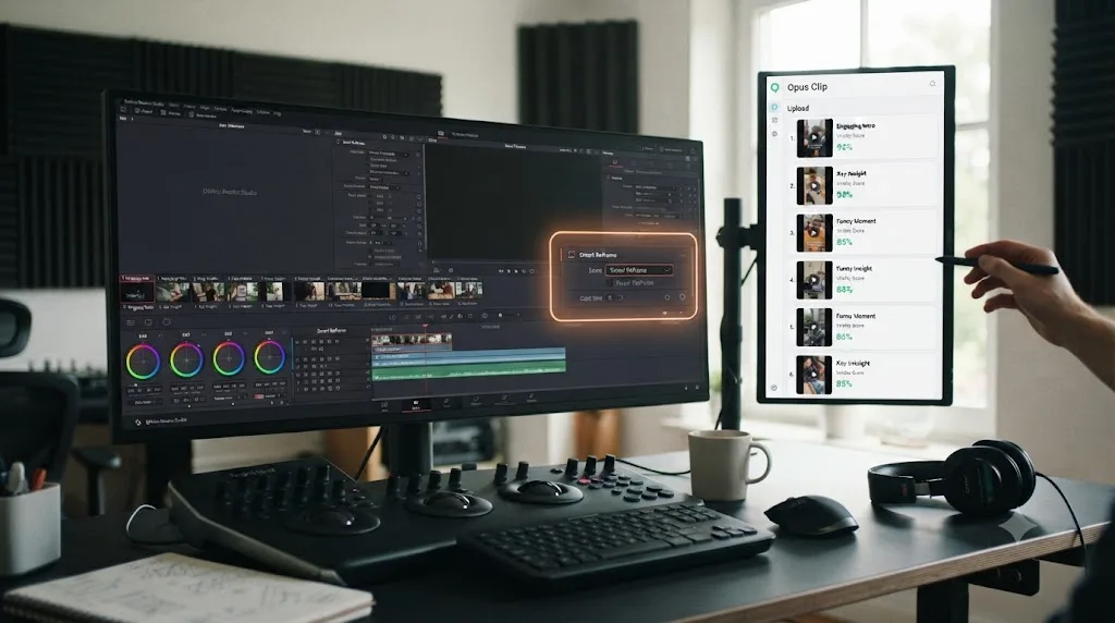 Illustration of a glowing box drawn around a DaVinci Resolve control by an on-screen assistant, shown separately from an upload-based clip-ranking dashboard
