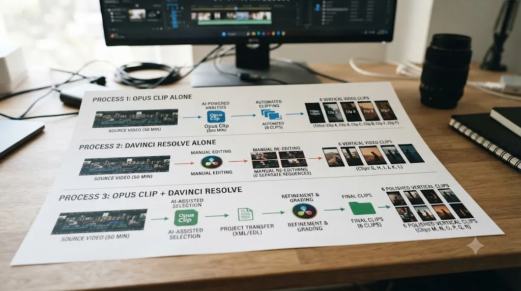 Illustration of three parallel workflow diagrams showing the same source video processed through different tool combinations into six short clips