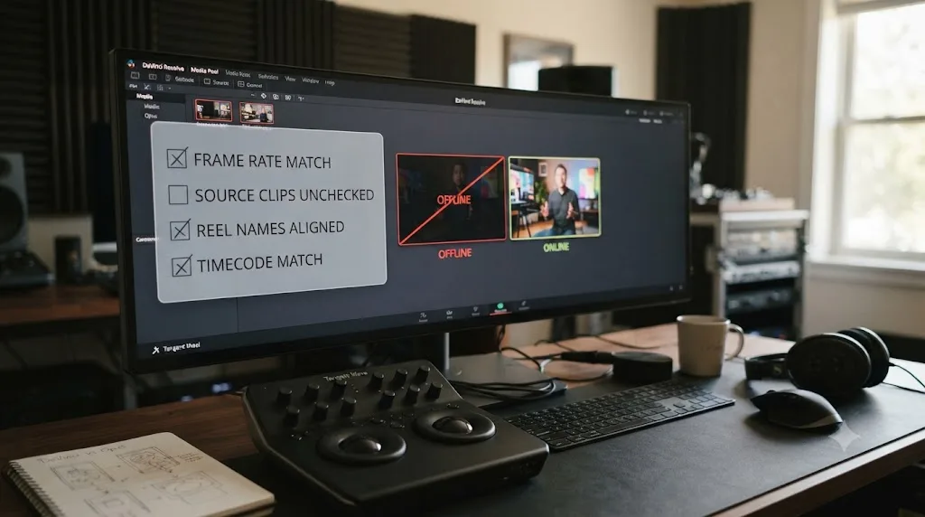 Illustration of a DaVinci Resolve Media Pool import checklist next to a clip flipping from offline to online status