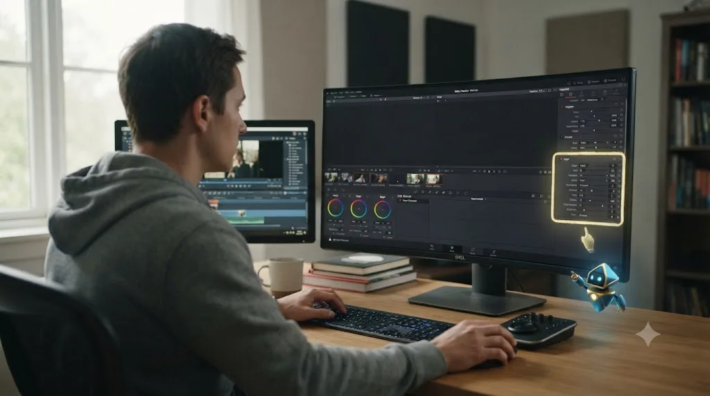 Illustration of a person switching from Pinnacle Studio to DaVinci Resolve on a Mac while an assistant points at a control on screen